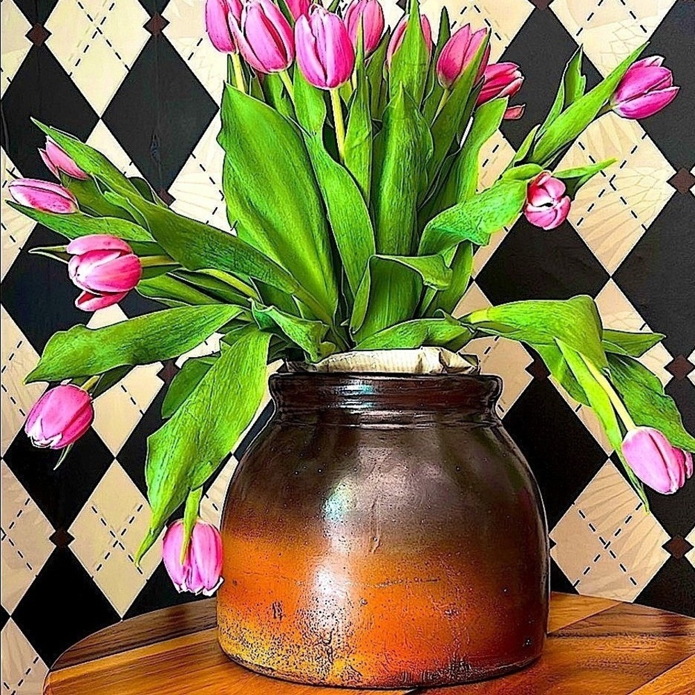 Antique Stoneware Crock Pottery Ombre Brown Glaze Primitive Farmhouse Decor Vase